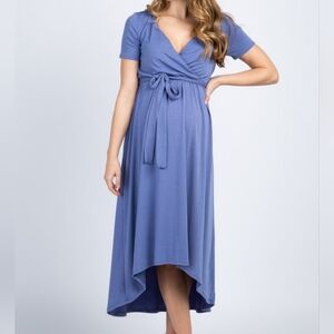 Pink Blush Slate Blue Solid Hi-Low Maternity Wrap Dress
